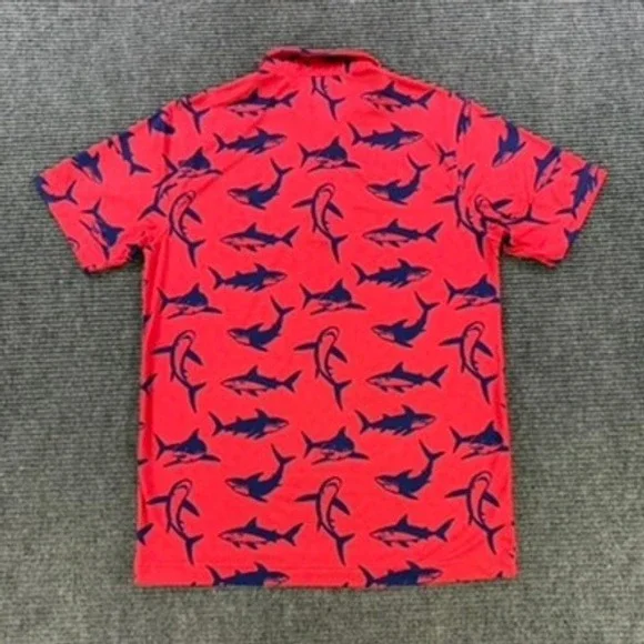 Waggle Golf Polo Shirt Mens Small Red Navy Blue Shark Print Performance Stretch - Picture 3 of 11